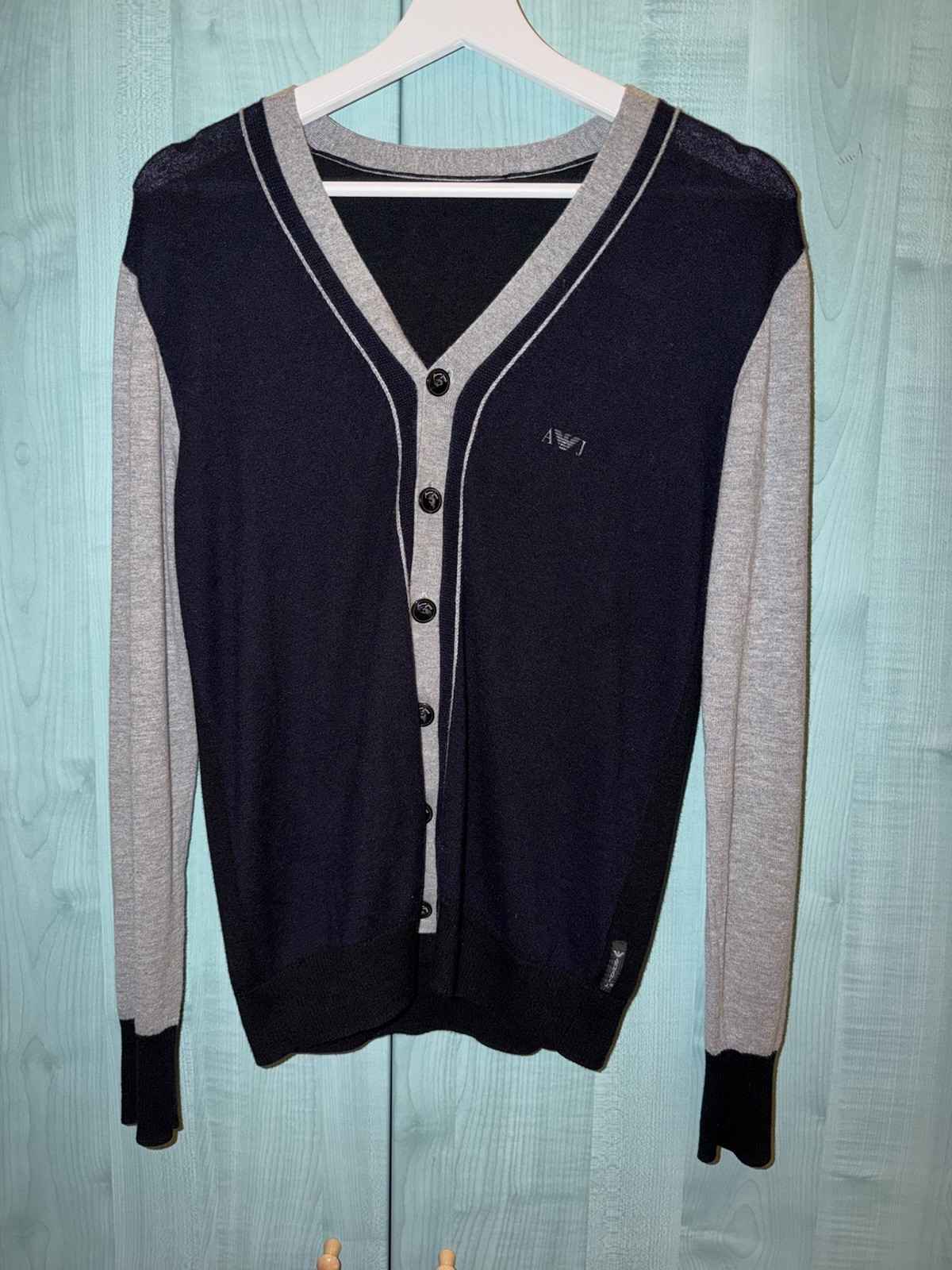 Armani Jeans cardigan uomo S nero/grigio in maglia scollo a V manica lunga logo