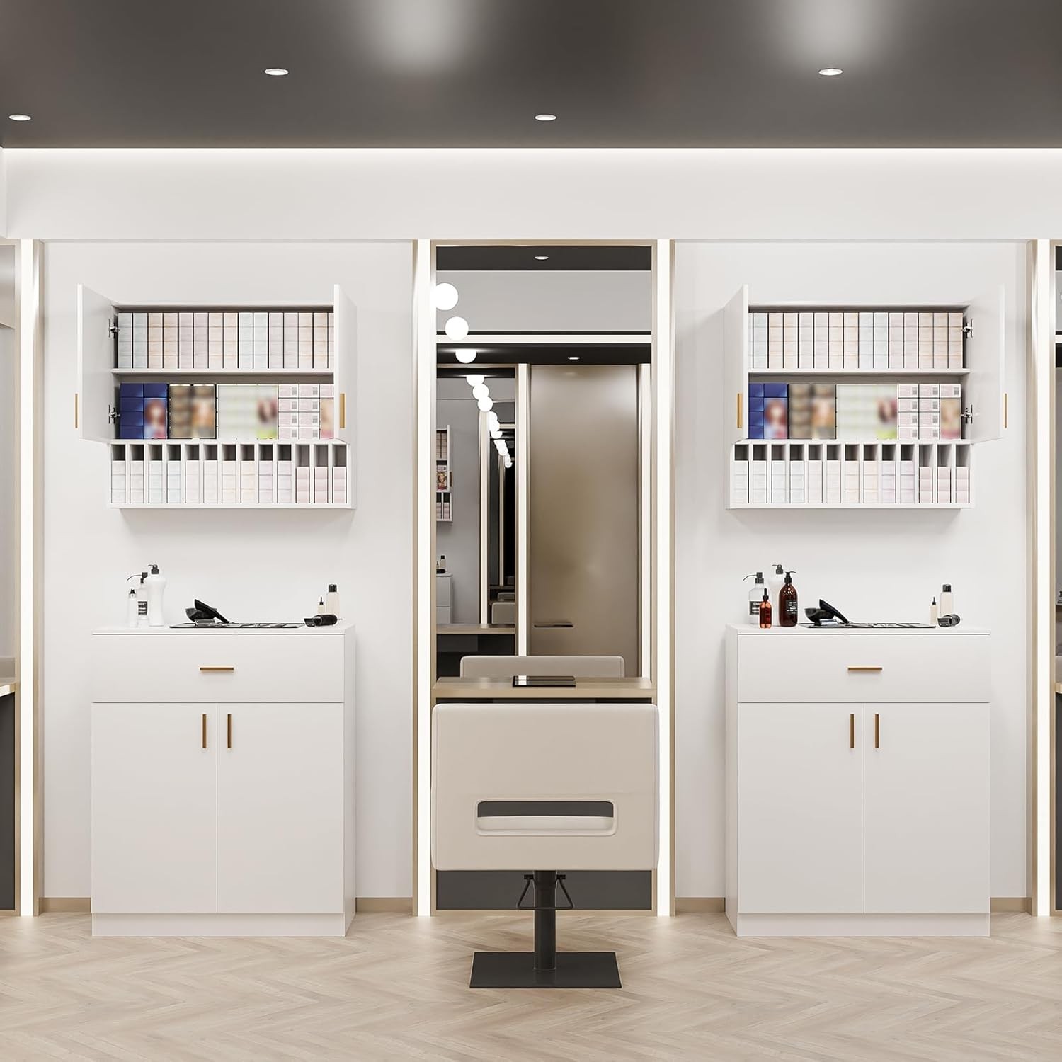 White Wall Mounted Hair Color Organizer Rack with Adjustable Shelves for Salon