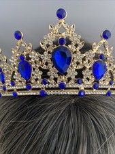 Crown Tiara Golden Royal Blue Crystal Bride Prom Bridal Headpieces Festival NWOT