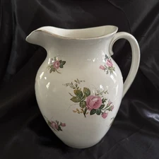 VTG Large Ceramic WASH JUG Pitcher 11"x10” White Gold Trim Floral Pink Vase