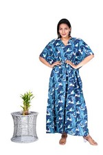 Indian New Blue Leaf Cotton Kaftan Night Maxi Gown Handmade 100%Cotton Caftan US