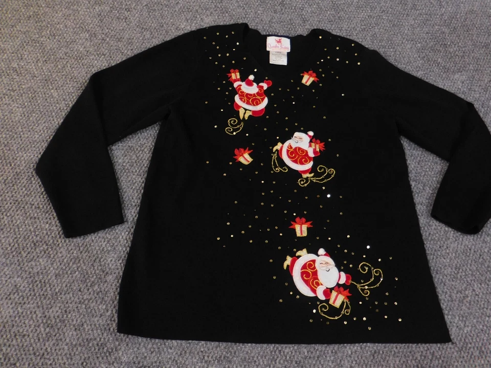 quacker factory christmas sweater large black womens pullover knit ramie santa - Image 4 of 4