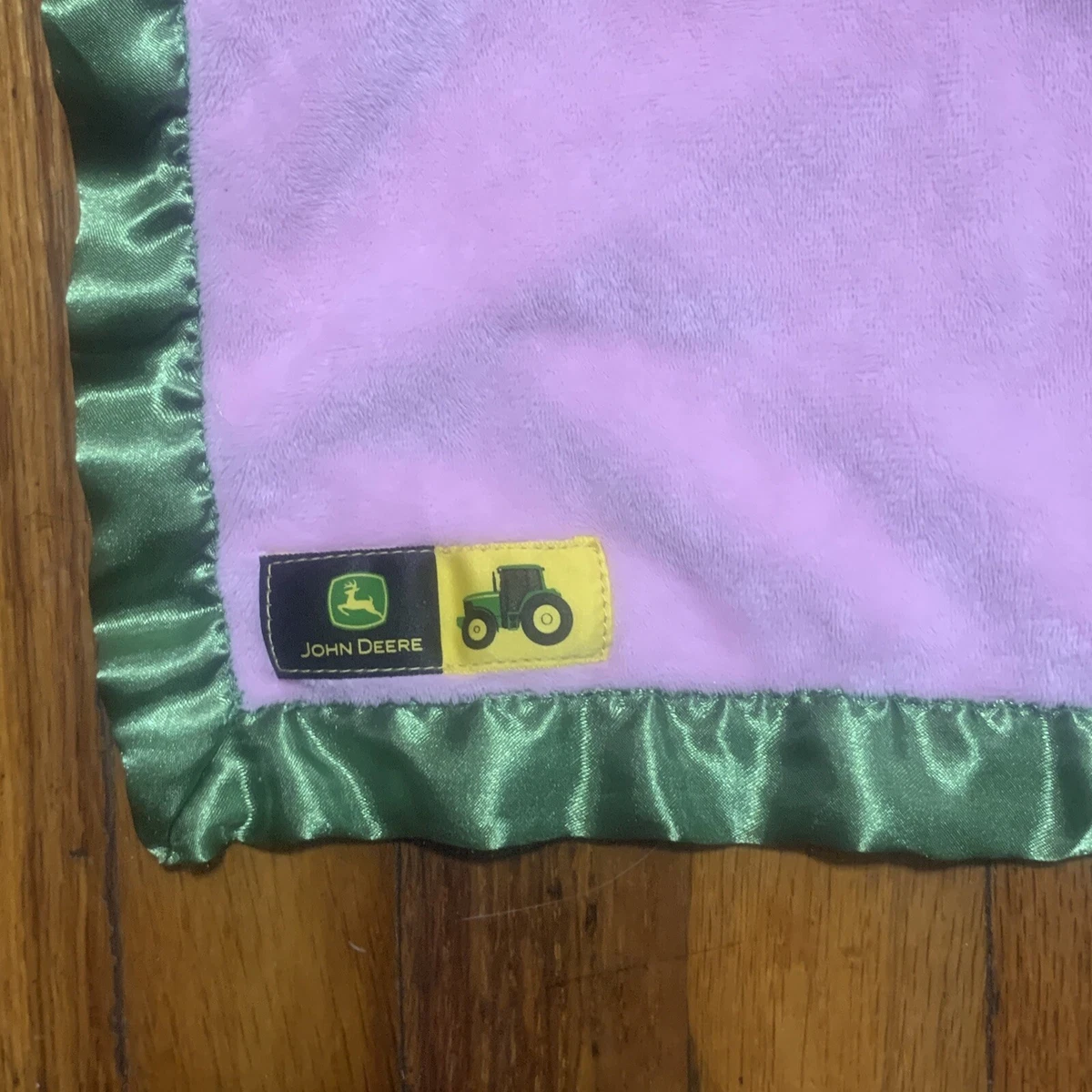 John Deere Tractor Security Blanket Plush Lovey Pink Green Satin Trim