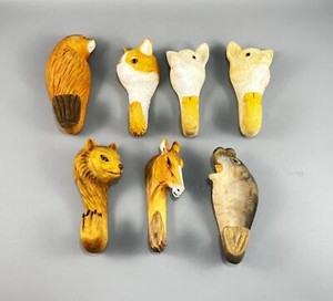 Lot of 6 Wood Carved Animal Heads Figural Coat Hook Hangers 5" New