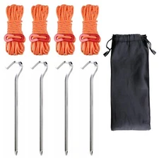 4 Pack Orange Camping Tent Stakes Metal Pegs Reflective Guylines Adjusters