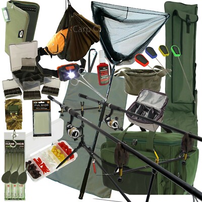 Komplettes Karpfenangeln 2 Ruten und Rollen Setup Alarme Pod Matte Netz Tasche Tackle Gepäck