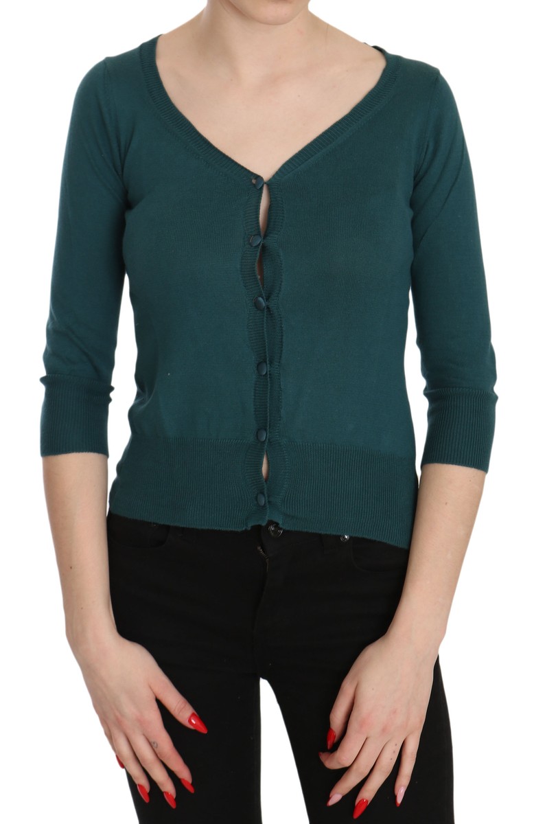 PINK MEMORIES Blouse Blue Green Cotton 3/4 Sleeve Cardigan