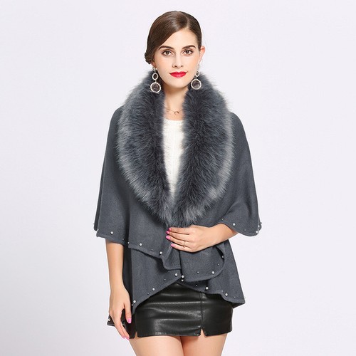Lady Faux Fur Collar Cape Knit Cardigan Cloak Poncho Wrap Outerwear Top Winter - Bild 14 von 21