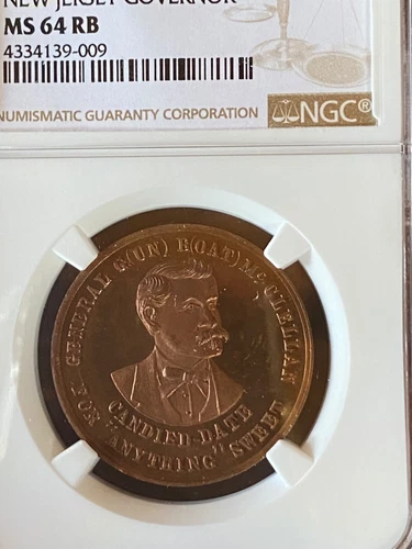 1877 DATED   COPPER  32mm  GEORGE B McCELLAN   NEW JERSEY GOVERNOR   NGC MS 64RB