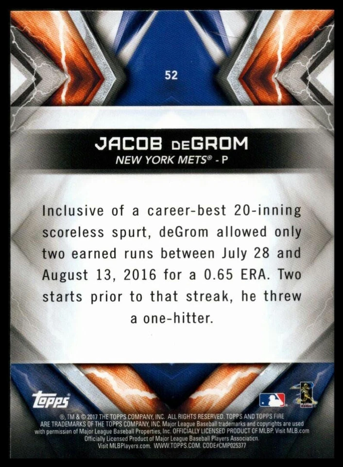 2017 TOPPS FIRE FLAME #52 JACOB DEGROM NEW YORK METS - Image 2 of 2