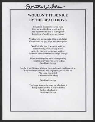 THE BEACH BOYS signierter Text ''''Wouldn't It Be Nice'''' Brian Wilson - Vordruck
