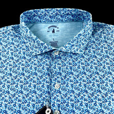 Johnnie O Performance Stretch Tropical Floral Print UPF 50 Polo Shirt Blue Large