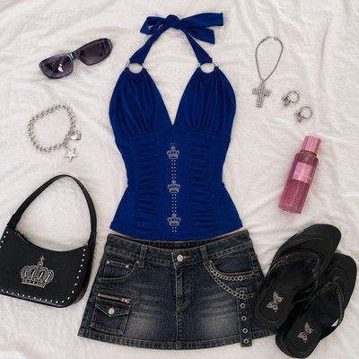 Y2K Blue Rhinestone Crown Halter Top McBling 2000s Ruched Fairy Baddie Clubwear