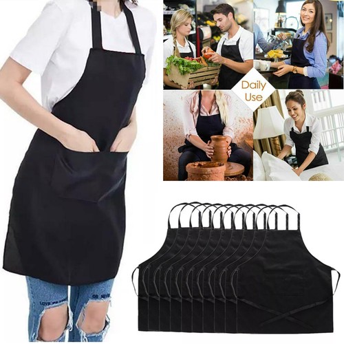 Bulk Black Bib Aprons Unisex Commercial Apron w/ Pockets for Kitchen Restaurant