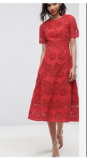 Asos Red Ornate Lace Midi Skater Dress A Line Flare Sz US 6 Party Wedding Formal