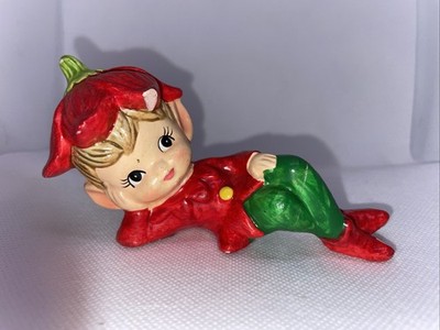 Vintage Pixie Gnome Elf Flower Hat Reclining Figurine Japan