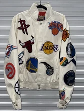 Mens Medium Jeff Hamilton NBA Teams Logo Patch Leather Jacket White Cream New