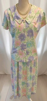 Vtg Aileen 2pc Full Skirt Set Women S Floral 80s Shoulderpads 100% Cotton U.S.A 