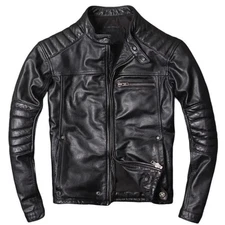 Men’s Genuine Sheep skin Leather Jacket Cafe Racer Motorcycle Biker Black Jacket