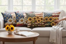Four Americana Sunflower Decorative Throw Pillow Covers 18" x 18" New