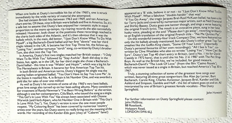 💡 CD - Dusty Springfield / Love Songs ( P. 1989 / Britische Pop-Soulsängerin ) - Bild 4 von 4