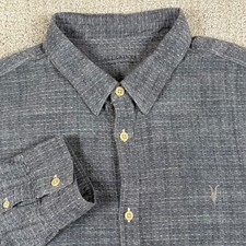 AllSaints Mens XL Gray Dulwich Dobby Textured Ramskull Long Sleeve Button Down