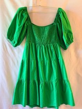Sim & Sam Kelly green cotton tiered mini dress, puff sleeves, smocking, Size M