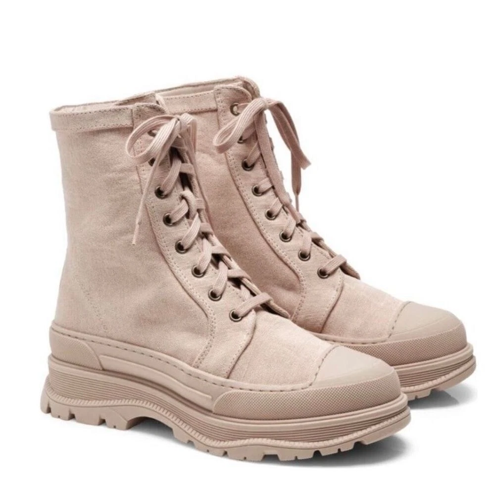 FREE PEOPLE Camp Out Canvas Combat Boot, Natural, Tan/Pink, Size 8, NWT