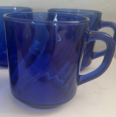 2 Vintage Arcoroc Cobalt Blue Swirl Glass Coffee Cups Mugs - Made In France