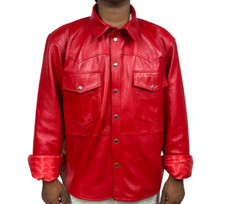 Men's 100 Genuine Leather Red Shirt Jacket Front Two Pocket Button Casual Coat