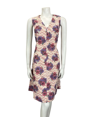 VTG 60S 70S WHITE PINK PURPLE ORANGE CHEVRON FLORAL PLUNGING V NECK DRESS 16 - Picture 3 of 10