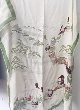 Art Deco Vintage Large Square Silk Scarf With Japanese Scenes & Green Border