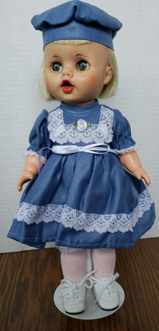 Blonde Haired Green Eyed Girl In Blue Dress 13 Inch Doll