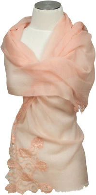 Edler Schal mit Spitze in Apricot , Wolle Seide, Hochzeit scarf Foulard - Bild 1 von 2