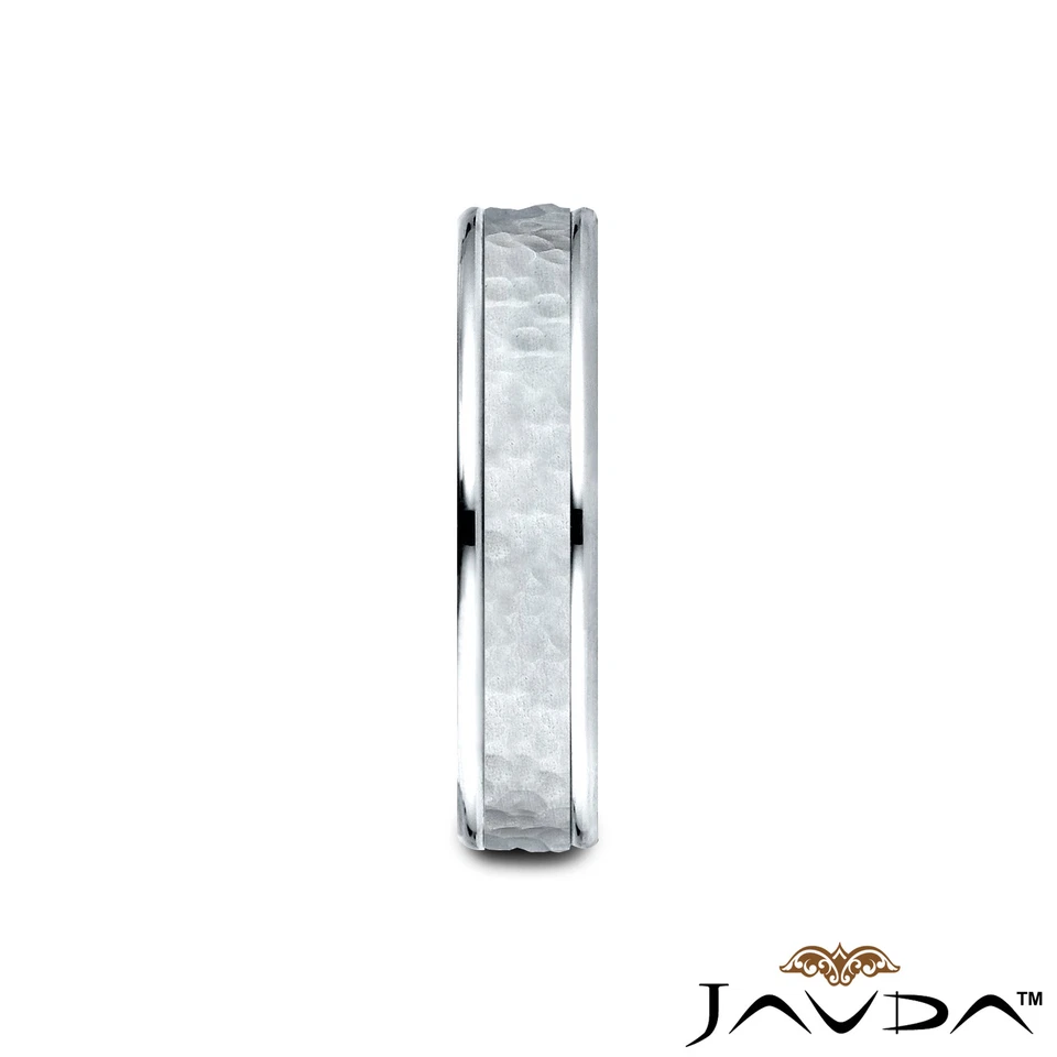 Hammered Finish Polished Edge 4mm Man Men's Women's Wedding Band White Gold Ring - Image 4 of 4