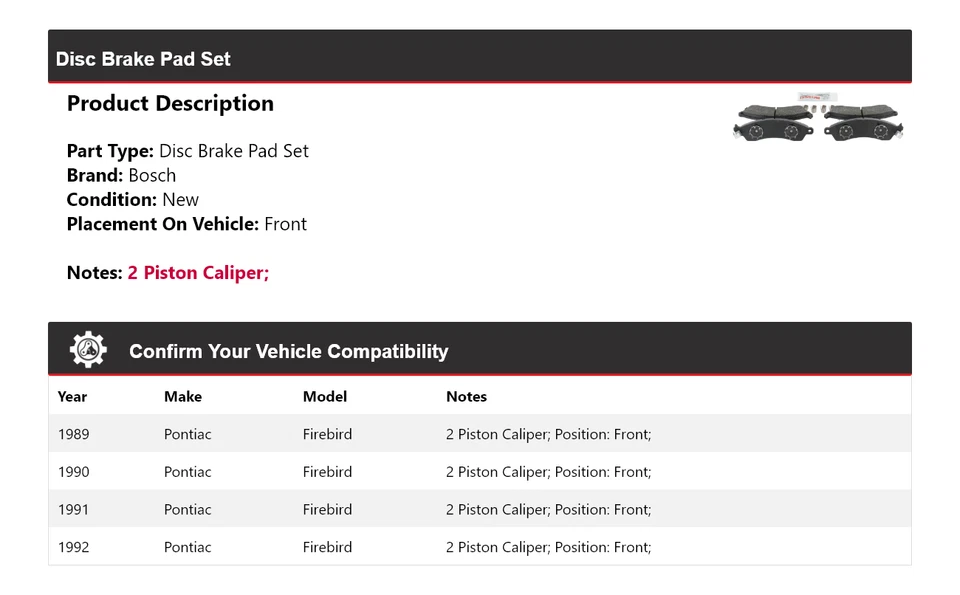 Pastillas de freno semimetálicas con delantera HD para Pontiac Firebird Bosch 1989-1992 Foto 2 de 4