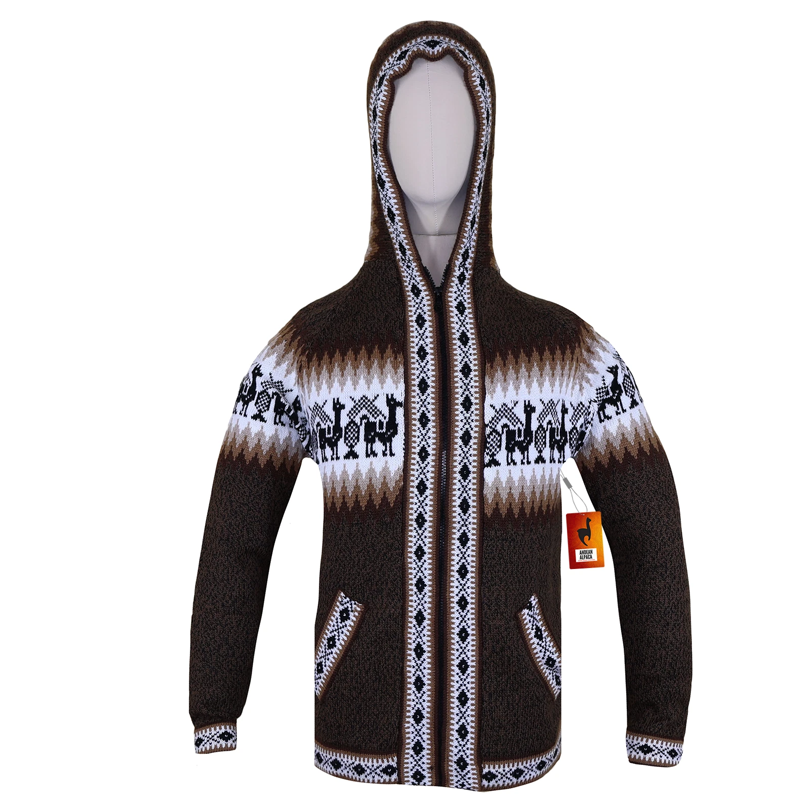 MEN HANDMADE ANDEAN ALPACA DARK BROWN ZIP HOODIE SWEATER SZ L