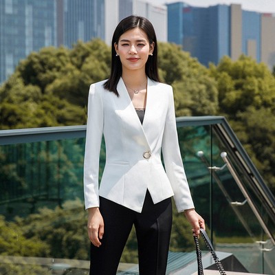 Elegante Tailleur completo donna bianco nero giacca manica lunga pantaloni  7188 | eBay