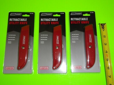 (3x) Tool Shop Fully Retractable RED Utility Knife w/5 Blades Zinc Alloy Housing