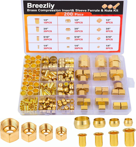 Brass Compression Fitting Insert Sleeve Ferrule Nut 200PCS 1/4 5/16 3/8 1/2 Inch