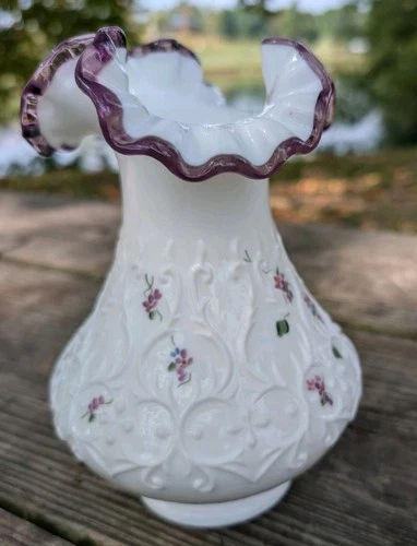 Fenton Amethyst/Purple Crest Painted Flowers Spanish Lace Vase Signed