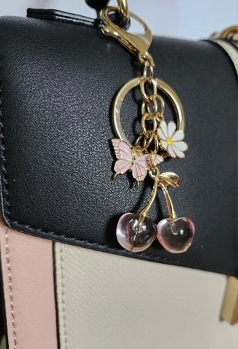 PINK Cherry Butterfly Daisy Bag Charm Keychain Gold Purse Charm NEW! CUTE!