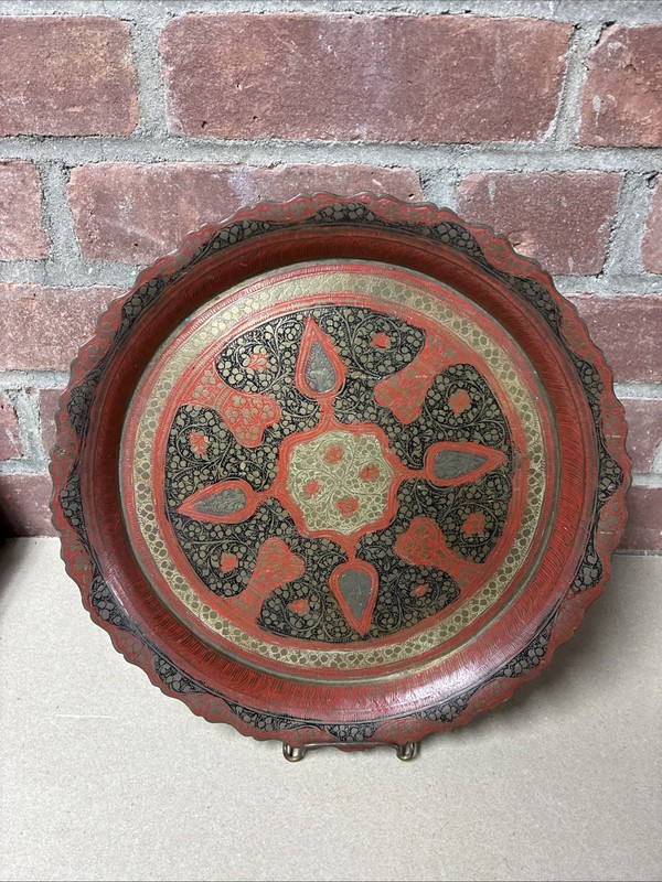 Vintage Brass & Enamel Serving Tray India 11-1/2” 