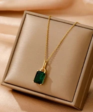 Womens Necklaces Green Pendant 18K Gold Plated Stainless Steel Beaded Jewelry