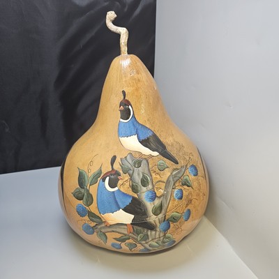 Hand Painted Gourd Art Basket Quail Birds Blueberries Running Deer Studio Signed