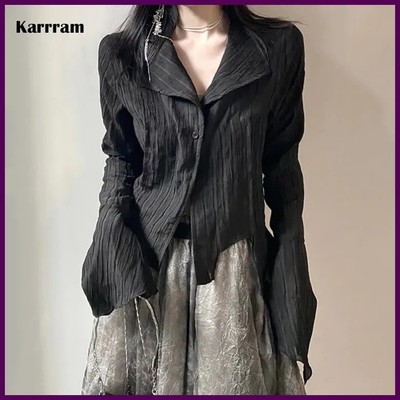 Karrram Gothic Black Shirt Yamamoto Style Dark Aesthetic Blouse Women Irregular