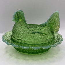 Beautiful Rare Vintage Mosser Green Hen on  Nest with Opalescent white tips