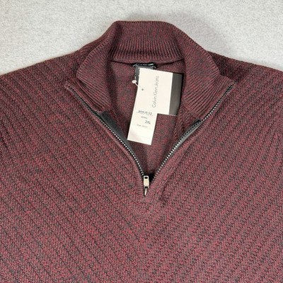 New Calvin Klein Bordeaux Men s 1/4 Zip Mock Neck Knit Pullover Sweater