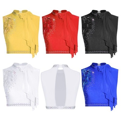 Womens Modern Dance Crop Top Sequin Embroidery Bow Cropped Tank Top Rhythmic 