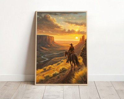 Cowboy Reiten bei Sonnenuntergang Vintage Style Pferd in der Wüste Old West Western Ranch